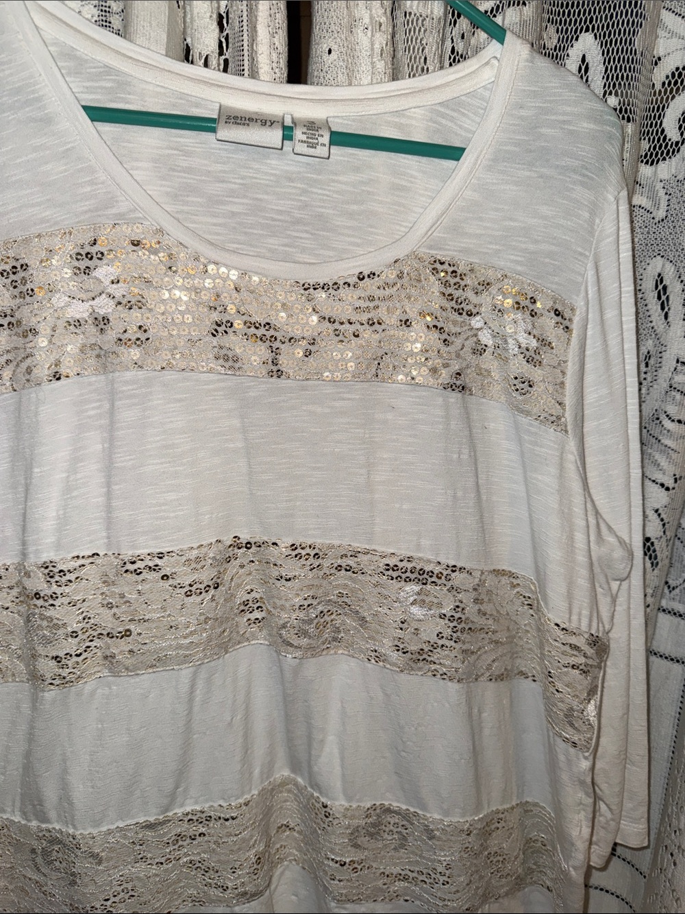 Chicos White Scoop Neck Long-Sleeve Top with Gold Sequin Stripes - Picture 4 of 6